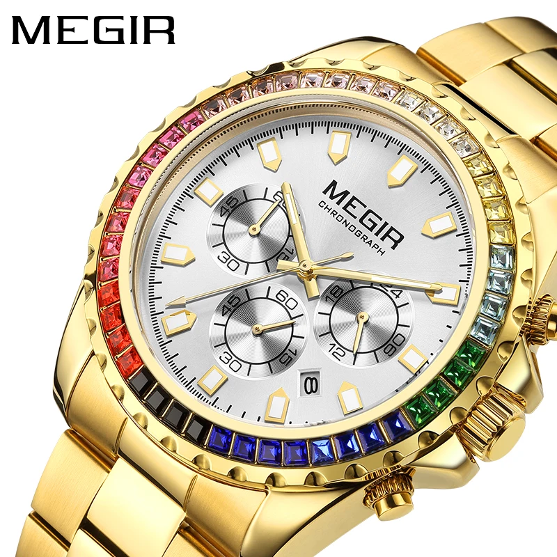 MEGIR Brand Luxury Diamond Stainless Steel Gold Quartz Watch for Men Waterproof Luminous Chronograph Watch Men Relogio Masculino