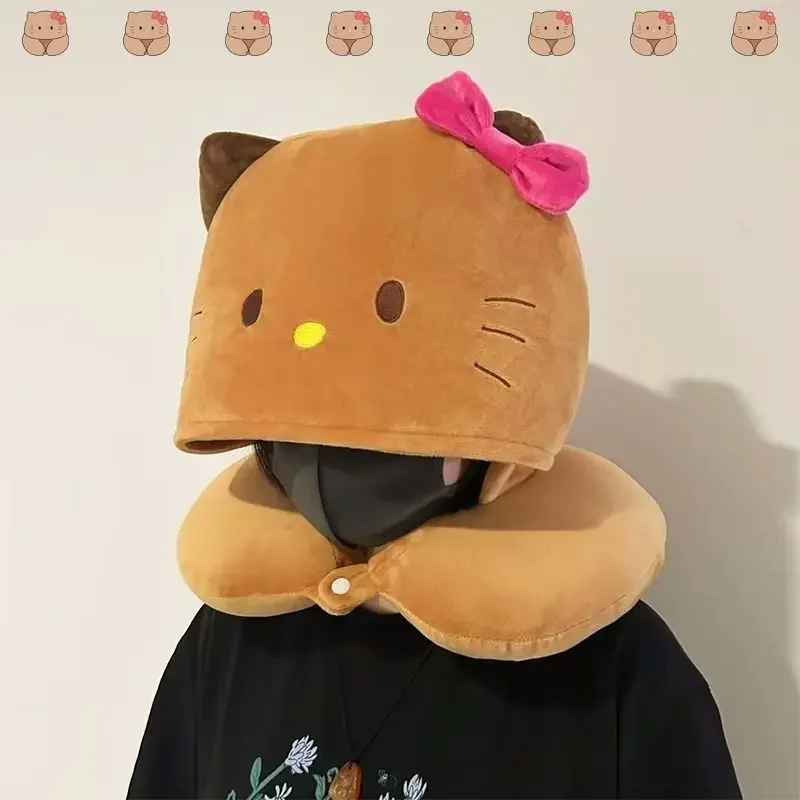 

Cute Kirby Sanrio Hello Kitty Plush Hooded U-Shaped Pillow Travel Nap Neck Pillows Kawaii Comfortable Shade Portable Girl Gifts