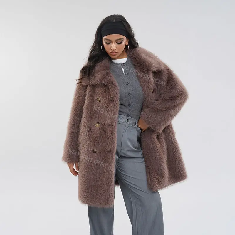 Luxury Brand Belted Long Fluffy Faux Fur Coat Women Winter Thicken Warm Lapel Fox Fur Collar Furry Jacket Overcoat