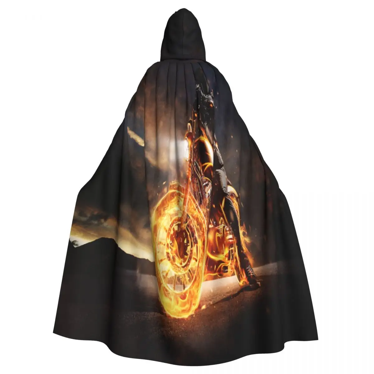 

Dark Motorbiker Staying On Burning Motorcycle Sunset Light Hooded Cloak Polyester Unisex Witch Cape Costume Accessory