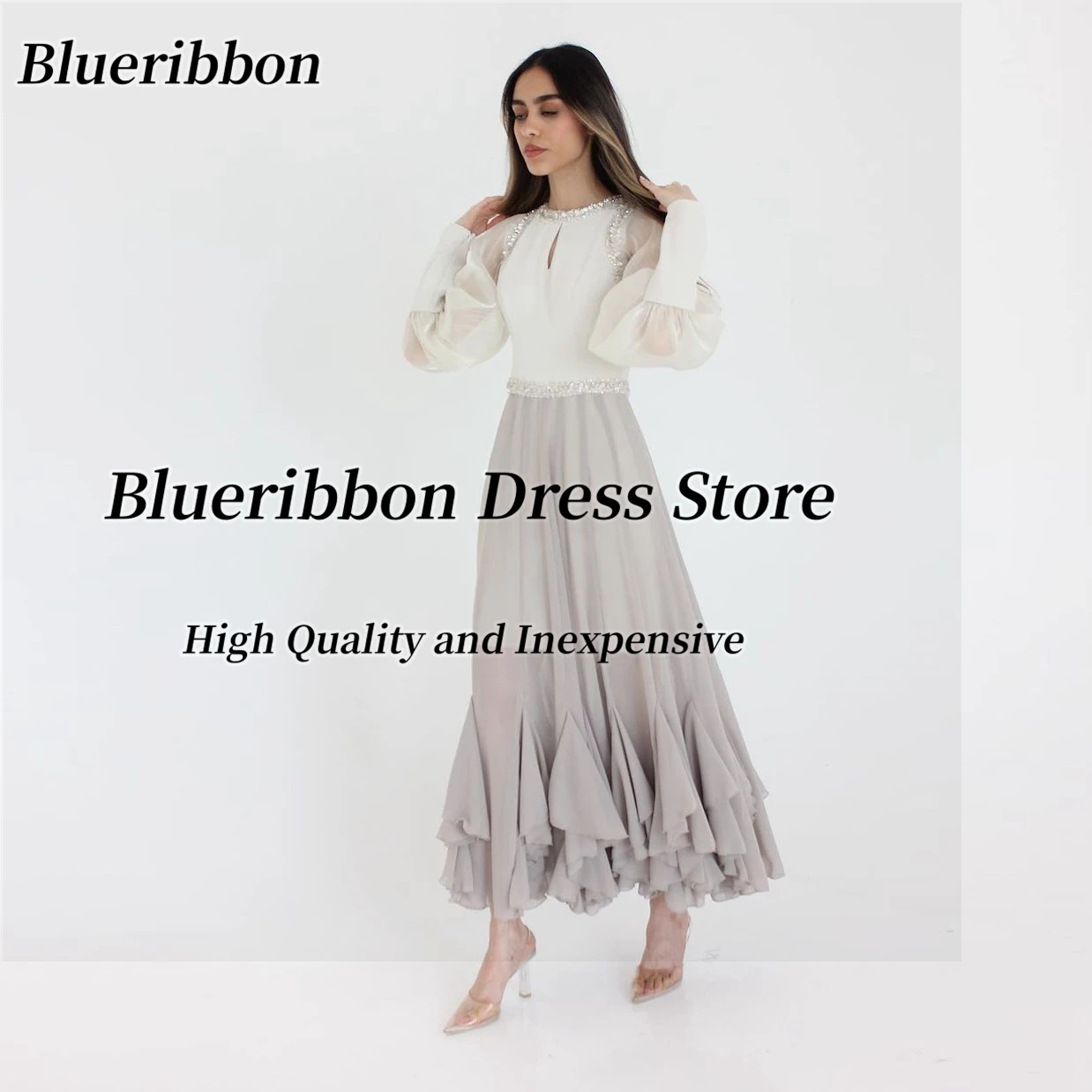 

Blueribbon O-Neck Prom Dresses with Beaded Long Sleeves Bridesmaid Dress for Weddings Contrast Color Evening Party Gowns