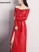 Mauroicardi printemps automne longue équipée rouge Pu cuir Biker robe femmes fermeture éclair ceinture élégant luxe concepteur hors épaule vêtements 1