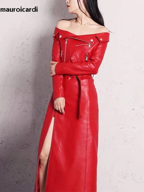 Mauroicardi printemps automne longue équipée rouge Pu cuir Biker robe femmes fermeture éclair ceinture élégant luxe concepteur hors épaule vêtements 1