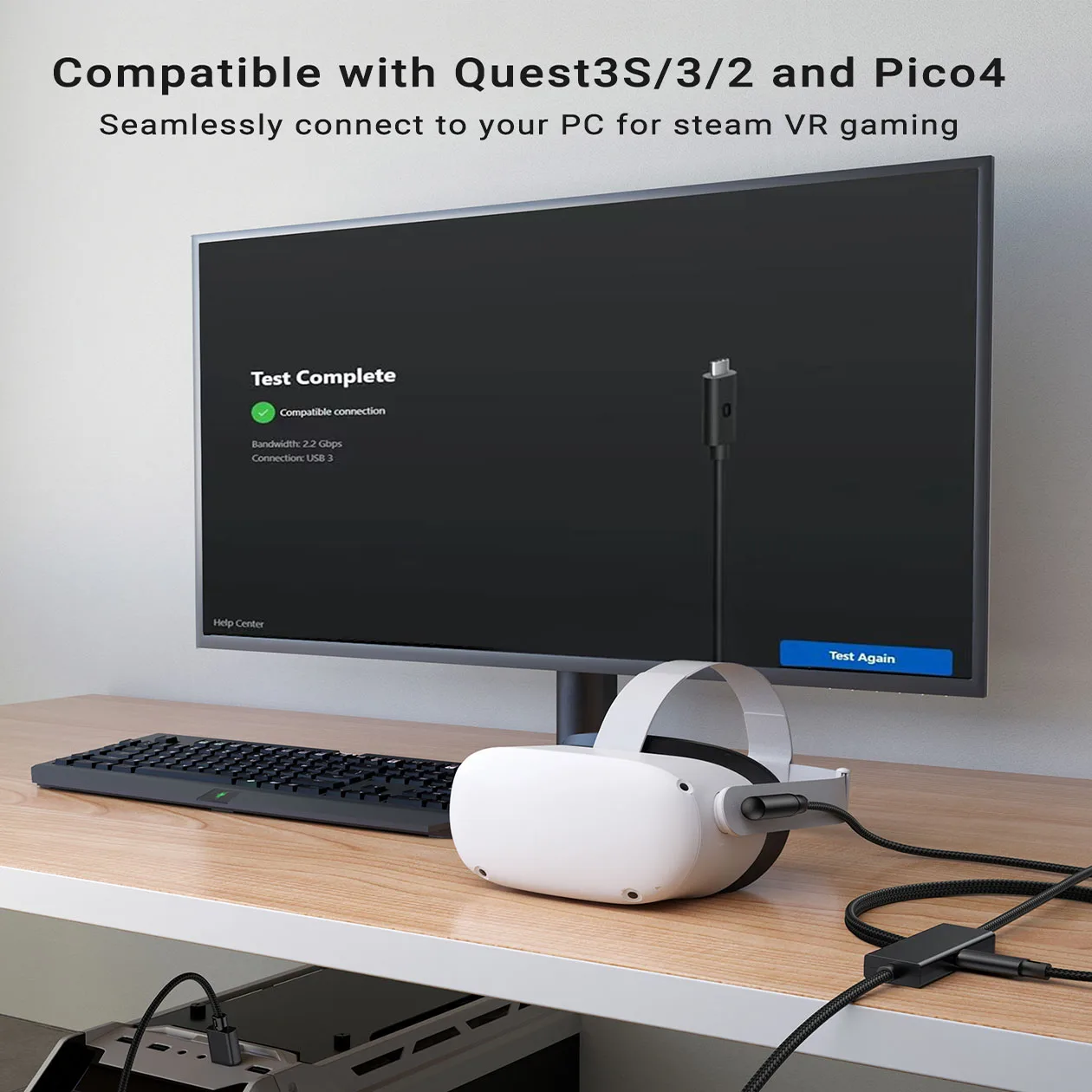 메타 퀘스트 3, 3s, 2 PC 스팀 VR 액세서리용 충전 포트 링크 케이블, 2.5Gbs USB C 데이터 케이블, PC-PC VR 헤드셋용
