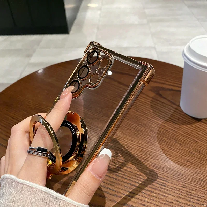 Four Corners Air Cushion Anti-Drop Transparent Electroplated Magnetic Stand Protective Case
