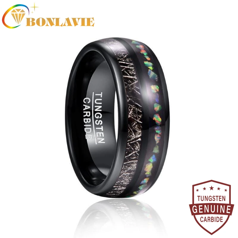 Bonlavie 8Mm Larghezza Anello Da Uomo Imitazione Vermiculite Opale Granuli Completamente Lucidato Elettrolitico Cupola Nera Anello In Carburo Di Tungs