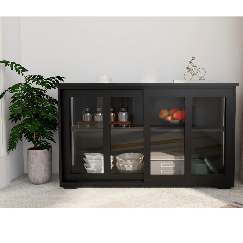 Kitchen Storage Stand Cupboard with Glass Door-Black Shaped Industrial Freestanding Floor Bar Cabinets Liquor Glasses Storage