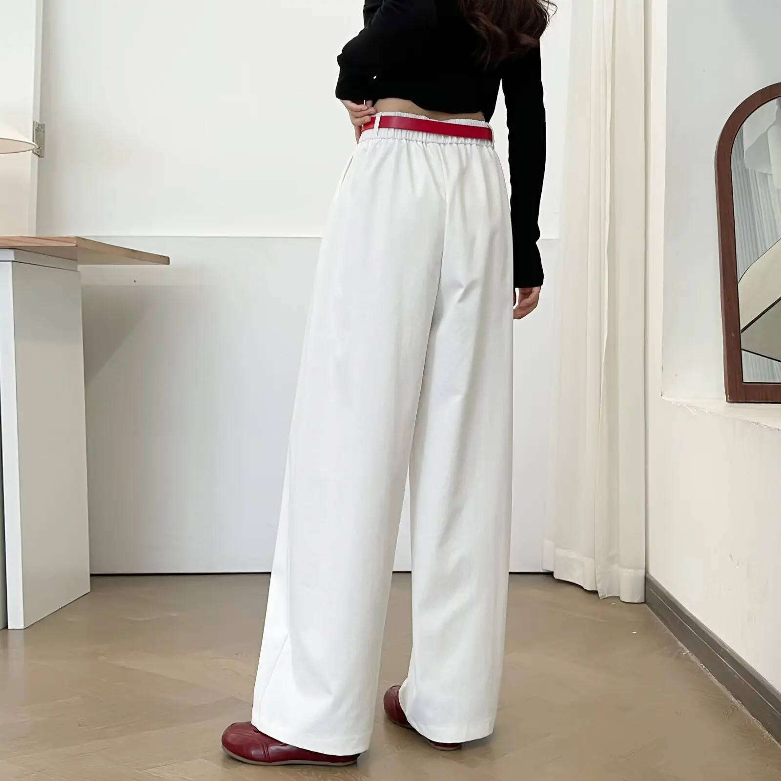 Plus Size Women's Wide Leg Pants 2025 Autumn New Style Stylish With Belt Solid Color Straight Trousers 2219