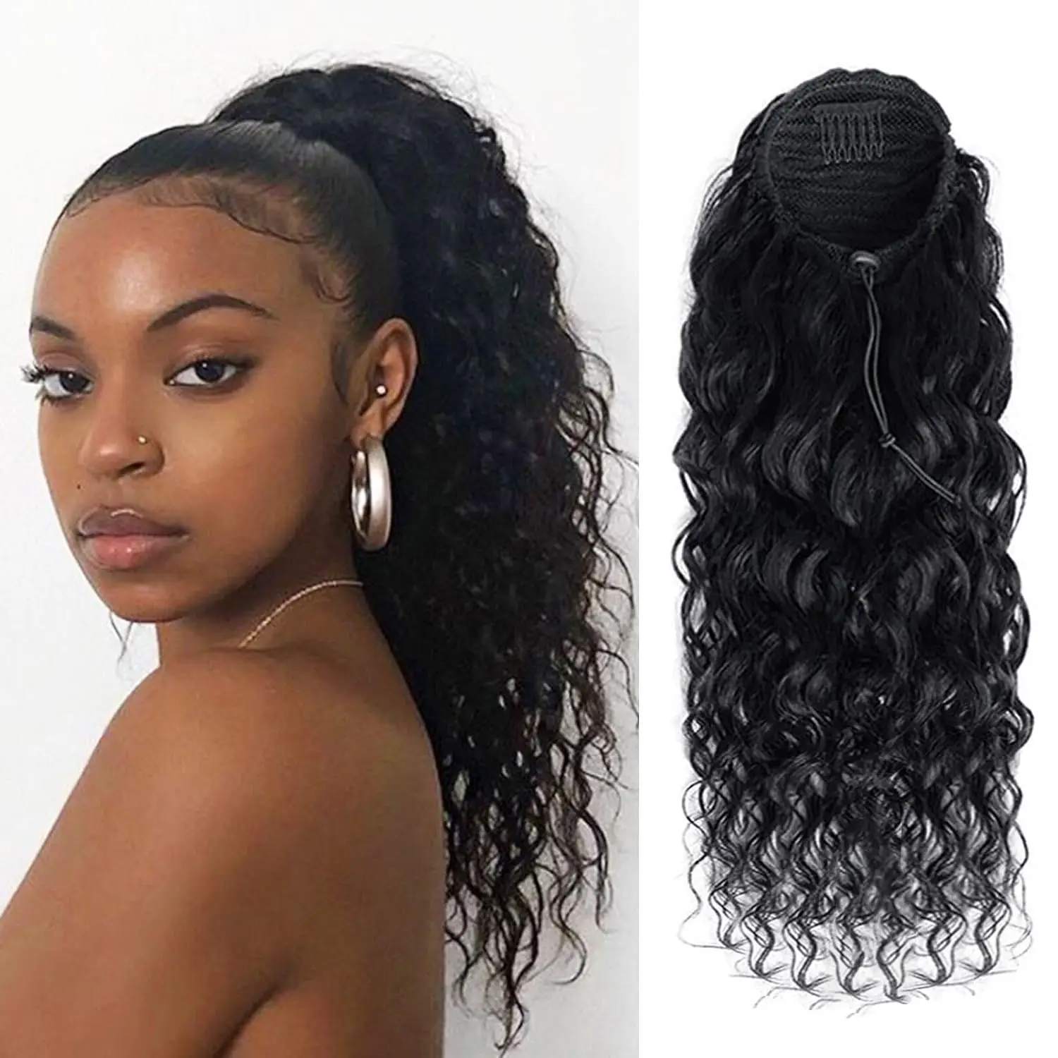 Deep Water Wave Drawstring Ponytail 100% Real Human Hair Extensions Brazilian Natural Black Hairpiece With Clip Ins Pony Tail