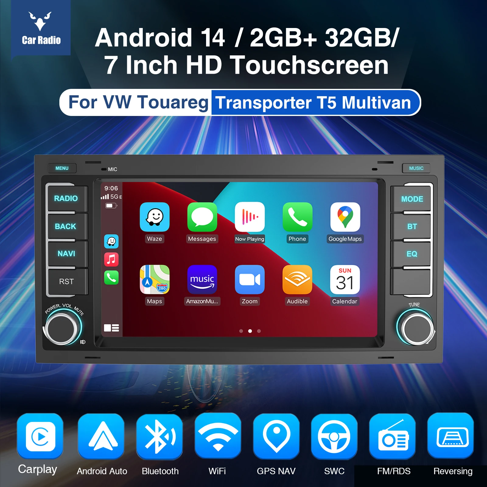 ESSGOO Android 14 Autoradio für VW Touareg T5 Transporter Multivan 2003-2015 7" Touchscreen mit Wireless Apple Carplay Android Auto GPS Navigation Bluetooth FM RDS WiFi USB Equalizer Lenkradfernbedienung Mirror Link – Detail 1