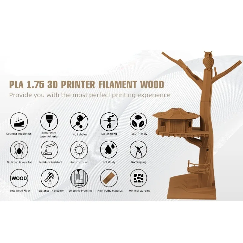 목재 3D 프린터 필라멘트, 목재 PLA 필라멘트 1.75mm, 목재 색상 20% 이상 실제 목재 섬유 백송/백단향/흑단/자단