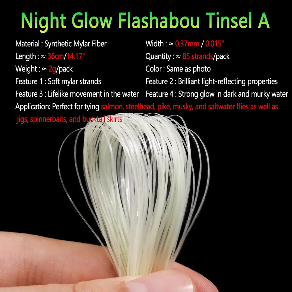 2 Packungen 0,37 mm breites, nachtleuchtendes Flashabou-Tinsel zum Fliegenbinden für Nymphen, Streamer, Salzwasser-Angelfliegen, Jig-Köder – Detail 2