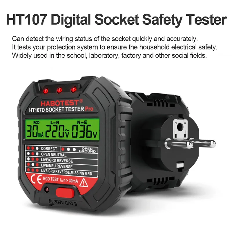 HT107D Socket Tester Digital Plug AC Voltage Detect RCD Test Socket Detector EU Plug Ground Zero Line Plug Polarity Phase Check 4