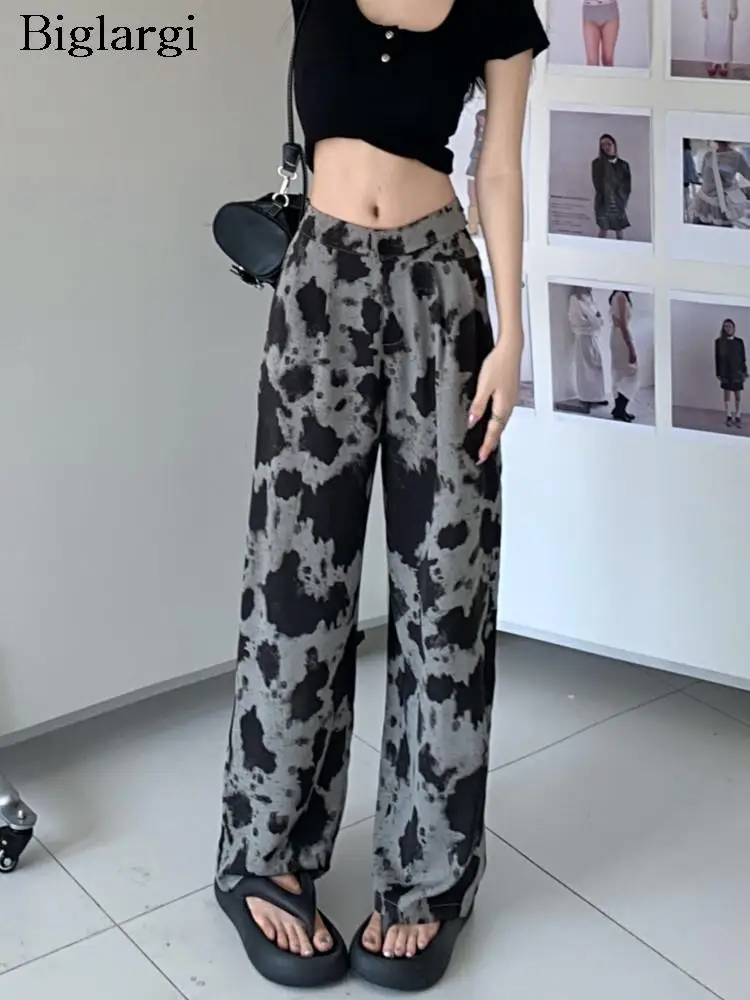 

Spring Long Pant Women Tie Dye Irregular Print Modis Casual Korean Loose Pleated Ladies Trousers Wide Leg High Waist Woman Pants