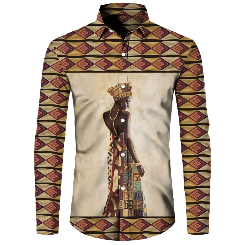 thumbnail image 1 of Camisas de manga larga con botones y estampado 3D de estilo étnico africano para hombres y mujeres, camisetas Dashiki folclóricas personalizadas, ropa vintage para parejas, 1 of 5