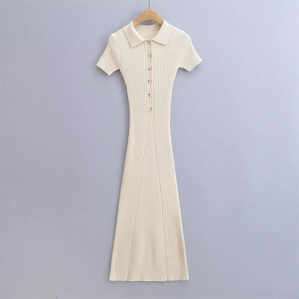 Ribbed High Waist Slim Maxi Dress For Women Knitwear Lapel Casual Elegant Party Dress Gown Fashion Short Sleeve Knit Dress