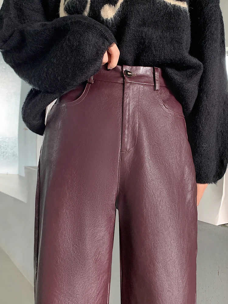 Dual Front Zipper Burgundy Leather Pants for Women