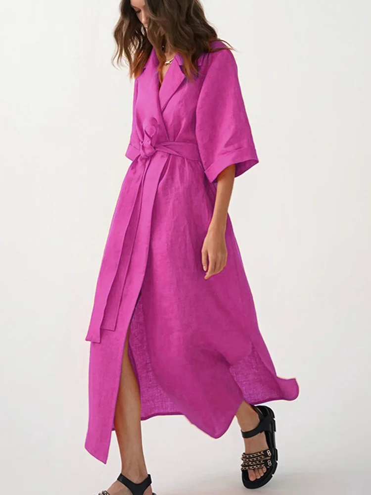 

Women Casual Sashes Robe A-Line Long Dress Summer Fashion Cotton Linen Party Dress Elegant Turn-down Collar Suit Loose Cover-up