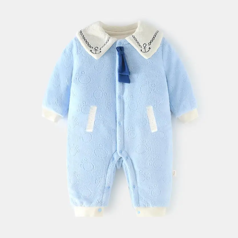 

2023 Winter New Baby Romper Lace Embroidery Design Infant Plush Warm Jumpsuit Newborn Boys Girls Cotton Coat L1927