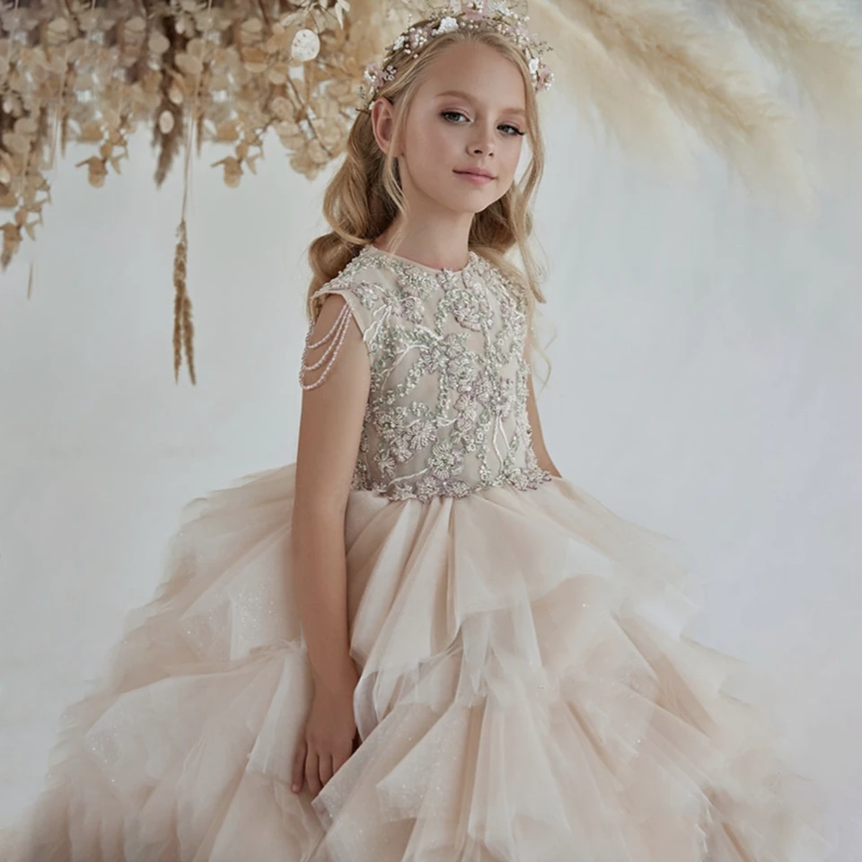 Champagnerfarbenes Ballkleid, bauschiges Blumenmädchenkleid für die Hochzeit 2026, Prinzessinnen-Tüllkleid mit Applikationen und Perlenstickerei, Partykleid, Festkleid, Erstkommunionkleid – Detail 5