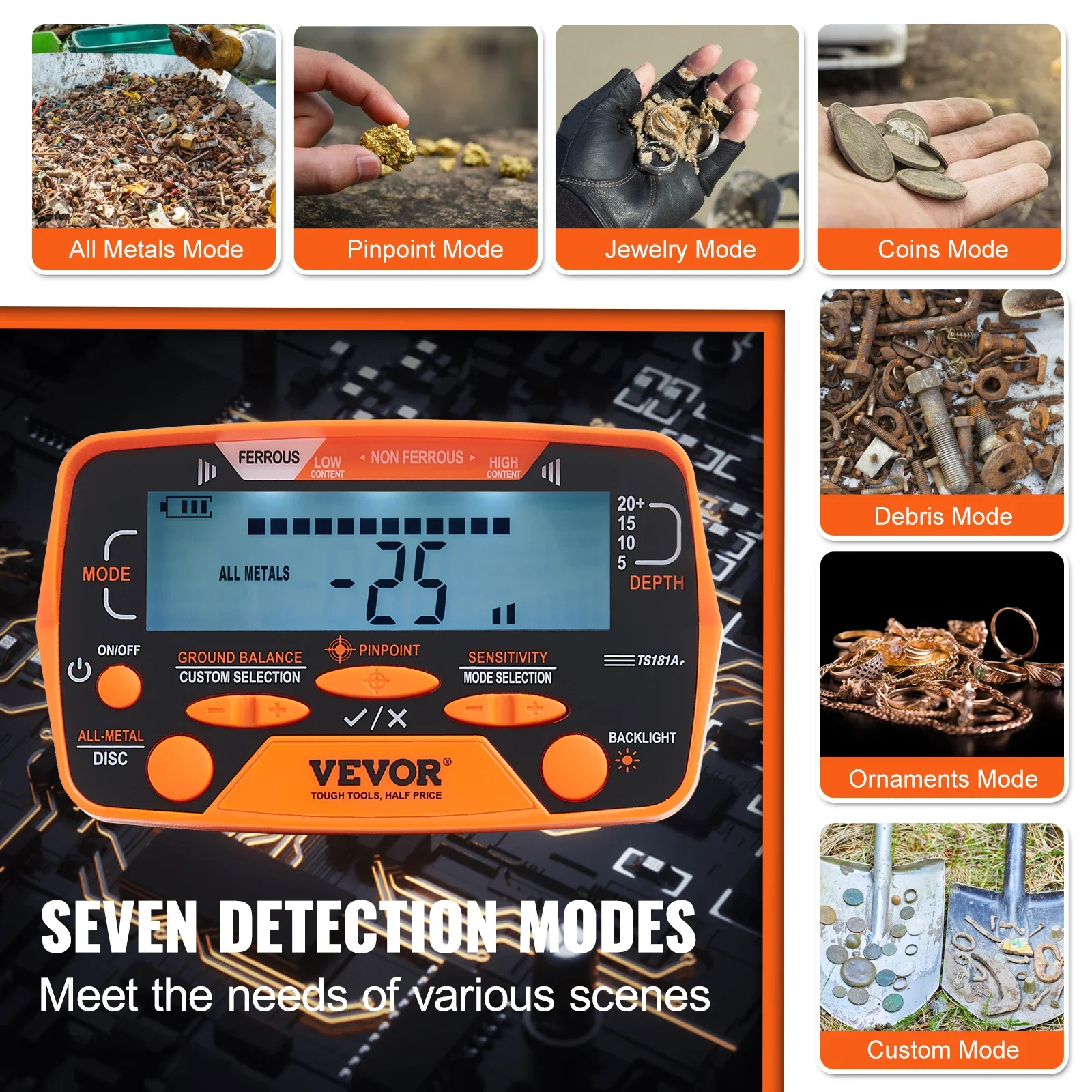 VEVOR Metal Detector for Adults & Kids 10Inch Waterproof Search Coil with LCD Display 7 Modes Adjustable 41''-52'' Aluminum Stem 4