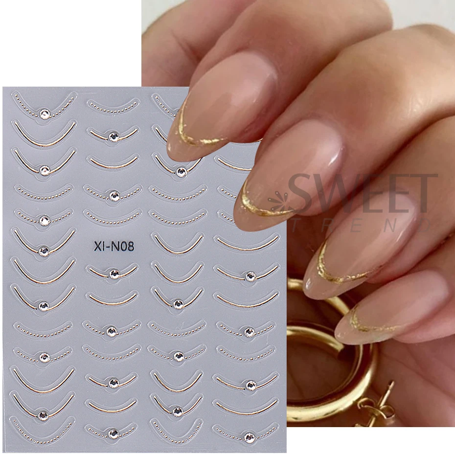 3D Rhinestones Gold Silver French Nail Art Stickers Retro Wave Simple Line Design Adhesive Slider Decals DIY Manicure Decoration 3