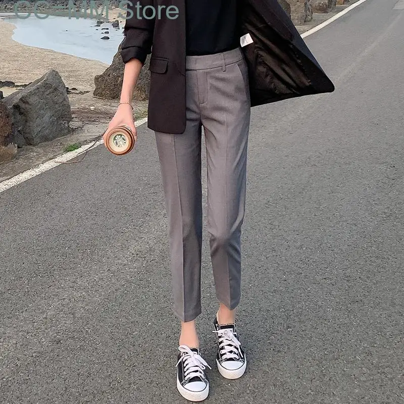 New Pants Women Office Ladies Grey Suit Straight Cargo Ankle-Length Pants Summer Korean Vintage High Waist Clothing