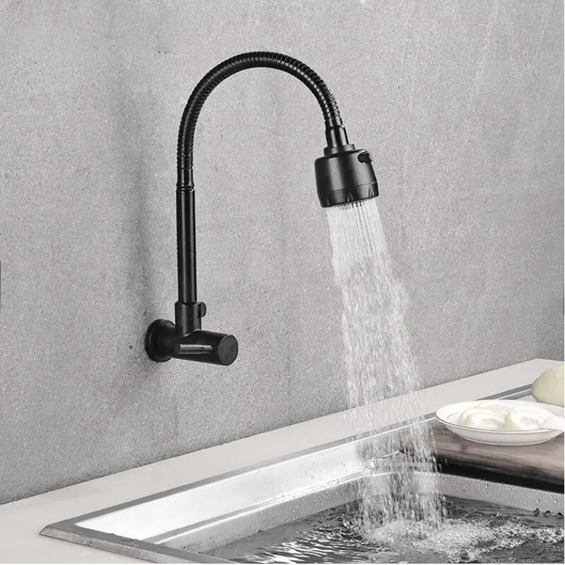 Baokemo Kitchen Faucet 304 Stainless Steel Sink Flexible Hose Cold Water Two Modes Tap Sink Wall Mounted Faucet G1/2Inch Thread