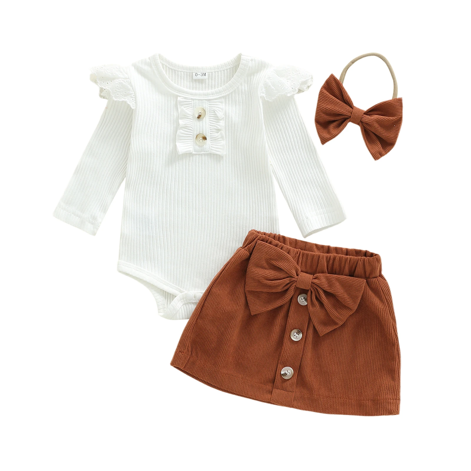 Baby Girls 3-piece Outfit, Long Sleeve Romper with Mini Skirt Bowknot Headband Fall Outfit 4