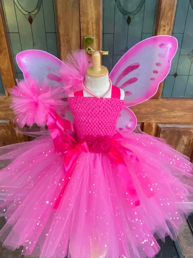 Girl's Dresses Girls Pink Glitter Tulle Dress Kids Butterfly Fairy Tutu  Dresses with Wing and Stick Hairbow Children Halloween Cosplay Costume  230403