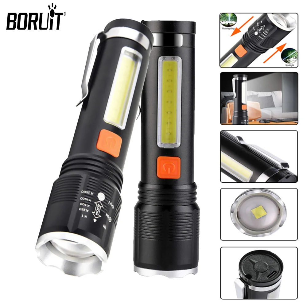 

BORUiT Super Bright LED COB Flashlight Telescopic Zoom Torch with 4 Light Modes Type-C Rechargeable Outdoor Work Camping Lamp