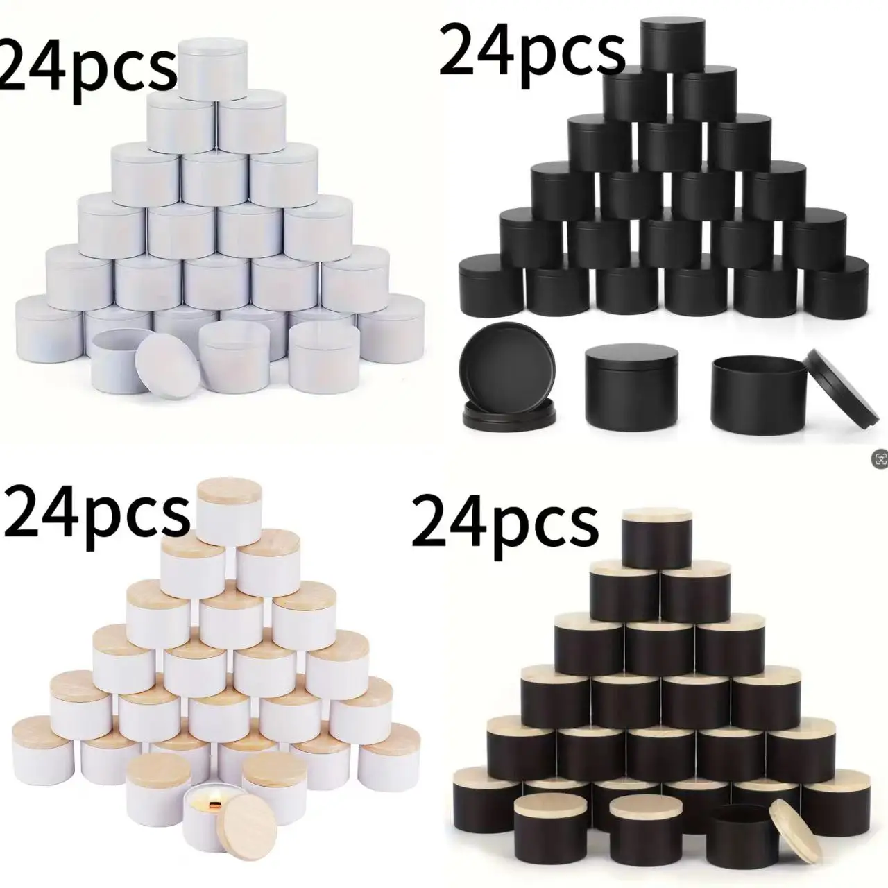 24 Pack 8oz 4oz Metal Candle Tins with Wood Grain Lids for DIY Crafts Storage and Gifts