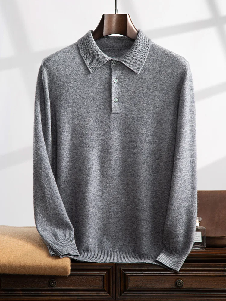 Men Cashmere Sweater Pullovers Autumn Winter Polo Collar Smart Casual Warm Knitted Soft 100% Cashmere Long Sleeve Clothing Tops 2