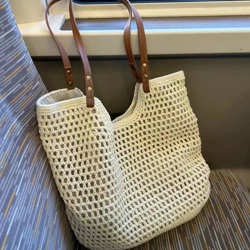 New Popular Woven Bag Mesh Rope Weaving Tie Buckle Reticulate Hollow Straw Bag No Lined Net Shoulder Bags