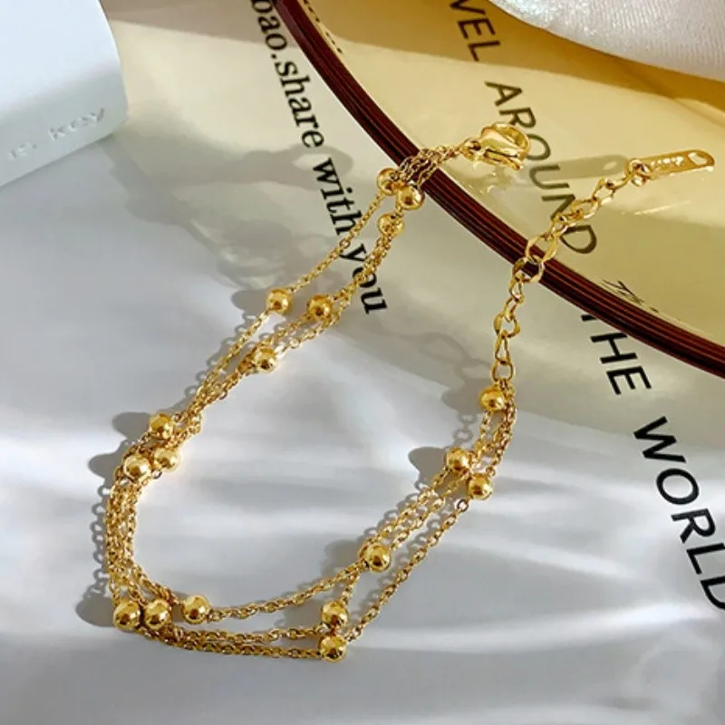 Multi-Layer Golden Small Ball Bracelet for Women Elegant Waterproff Stainless Steel Statement Chain Party Jewelry Gifts