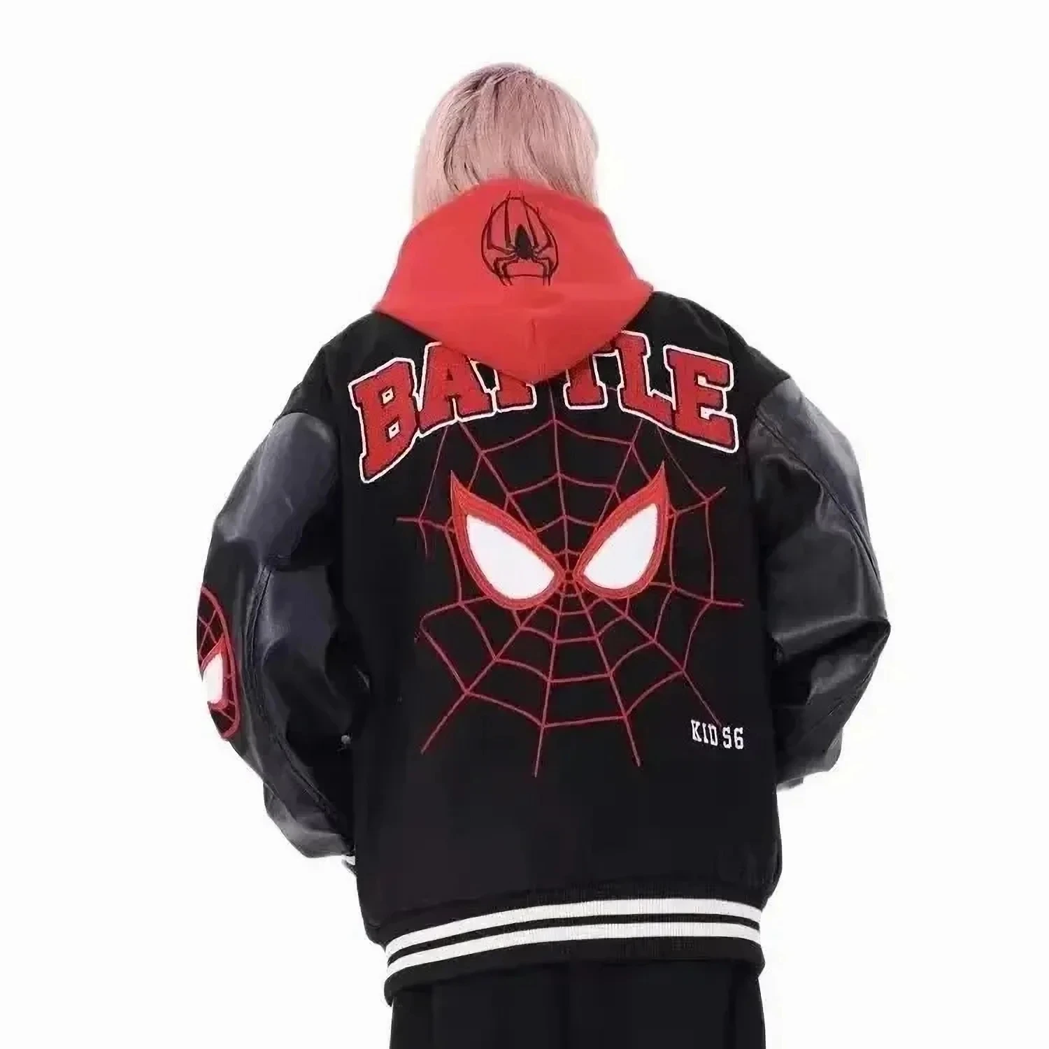 

Spider Varsity Jackets Men Embroidery Baseball Jacket removable Hat Spliced PU Leather Sleeves Spring Autumn Women baseball Coat