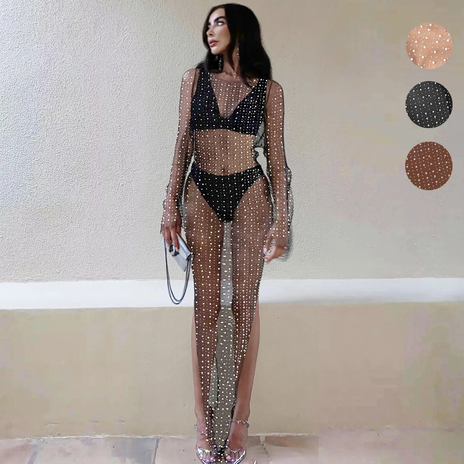 Vestido playero elegante de manga larga con perlas transparentes y decoración de diamantes para mujer, vestido playero liso dividido