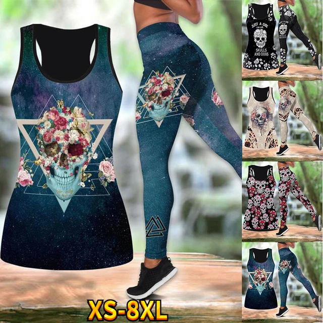 Pink Floral Sugar Skull Printed Legging Pattern Hip Lifting Pencil Pants  Women Backless Camisoles Tanktop Sportswear Suit XS-8XL - AliExpress