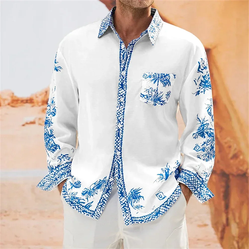 

Мужская свободная рубашка с длинным рукавом и принтом, контрастная блузка на пуговицах, женская футболка, повседневная мужская рубашка с сине-белым фарфоровым принтом
