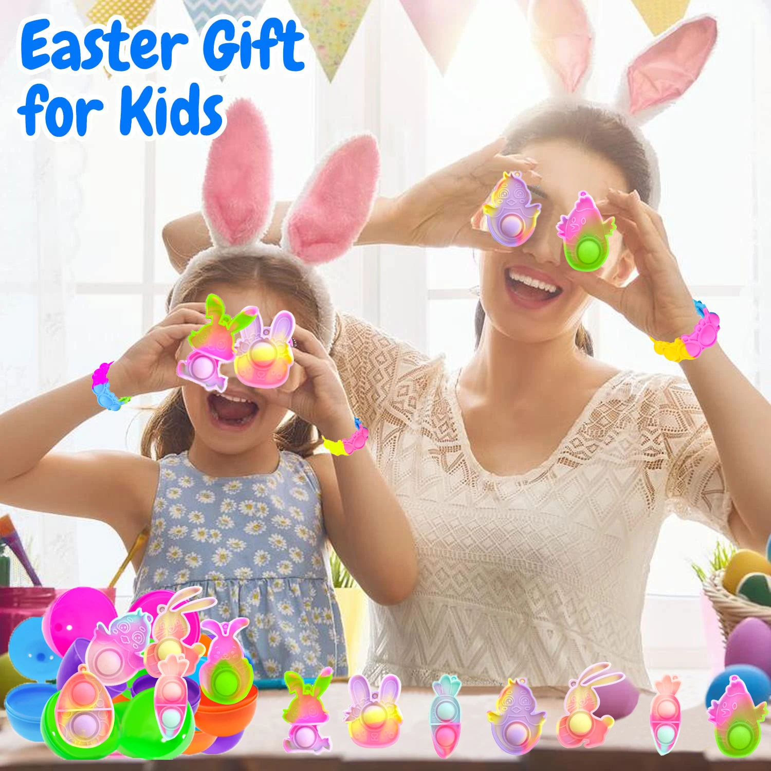 Fidget Toys 12-144Pcs Bunny Pop Bracelets Fidget Toy Rabbit Easter Day Gift for Kid Stress Relief Wristband Silicone Bracelet Birthday Favor