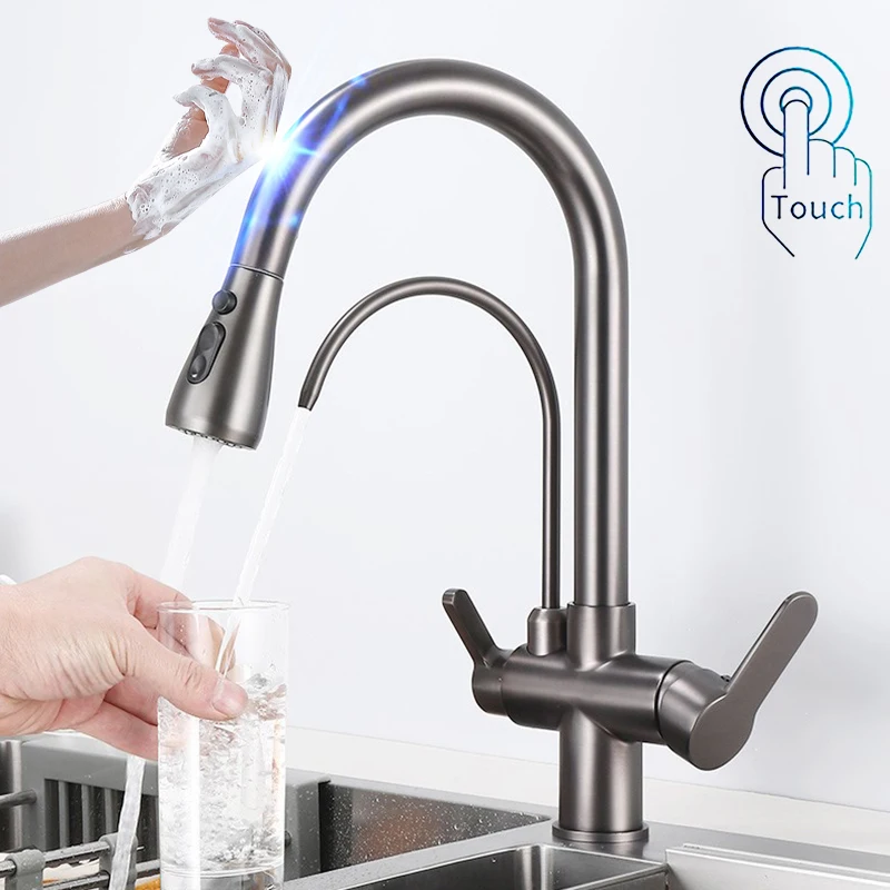 Touch Kitchen Sink Faucet with Pull Down Sprayer 2 Handle 3 In 1 Water Filter Purifier Faucets Brass Gold Sensor Kitchen Tap