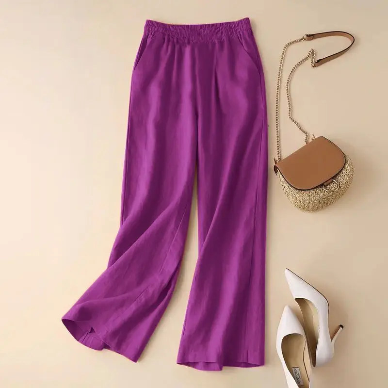 2024 Summer Women's Patchwork Elasticized High-waisted Pocket Fashion Solid Loose Minimalist Casual All-match Straight Pants