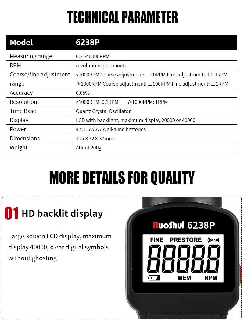 6238P Digital Stroboscope Tachometer LCD Non-Contact Flash Photoelectric Revolut