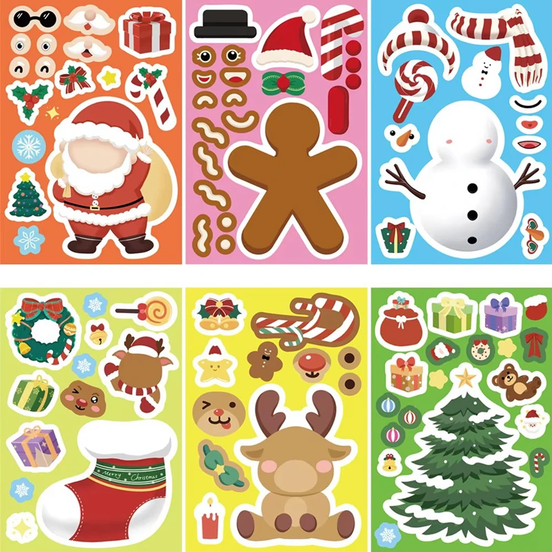 8/16/24pcs Cute Christmas Puzzle Stickers Make a Face Kids DIY Toys Assemble Sticker Games Xmas Party Favors 2025 New Year Gift