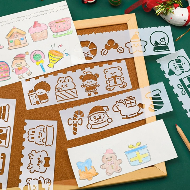 

53CC 4 Pc Hollow-out Painting Templates Rulers Christmas Decoration for Kid Art Drawing Card Making DIY Scrapbooking Crafts