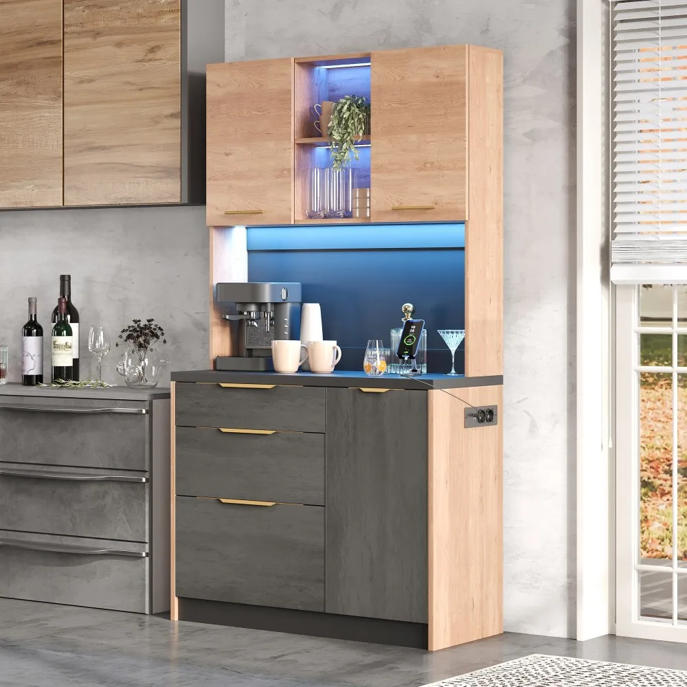Stilvoller Küchenschrank, Schwarze Arbeitsplatte, Sideboard mit Verstellbarer LED-Beleuchtung und Steckdose, für Küchen, Esszimmer, Wohnzimmer – Detail 3