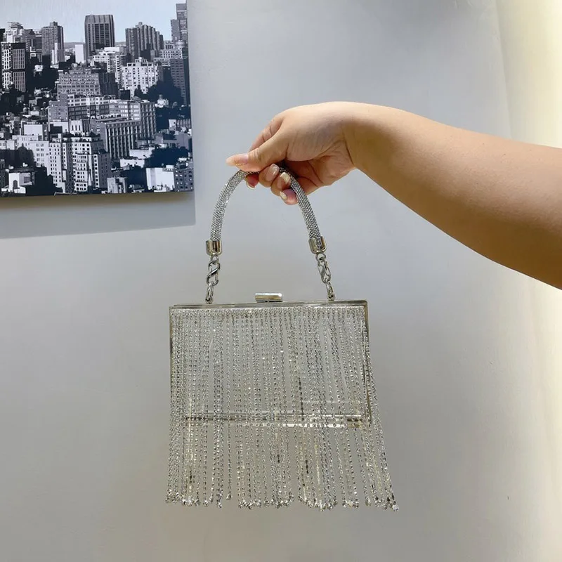 Luxury Designer Acrylic Box Handbag Women Glitter Shiny Rhinestone Diamond  tassel Evening Bag Wedding Party Clutch Purse B548