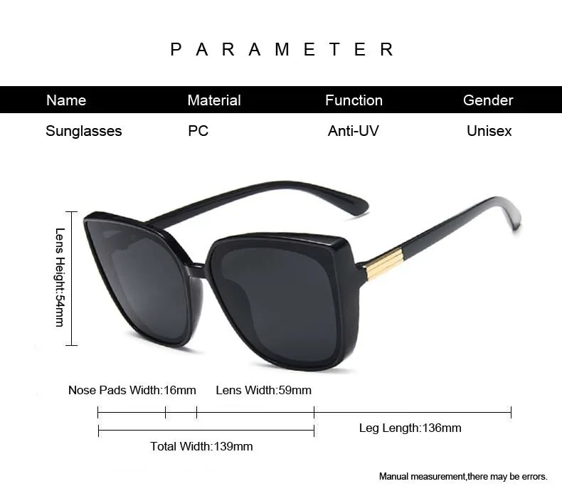 Cat Eye Fashion Sunglasses Woman Vintage Designer Black Glasses Sun Glasses Big Frame Cool Sexy Female