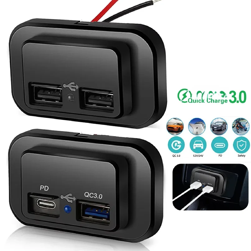 PD QC3.0 96W 듀얼 USB 차량용 충전기 소켓 12V/24V 퀵차지 충전 포트 스위치 LED 라이트 포함 (자동차, 오토바이, 트럭, RV, 버스, ATV용)