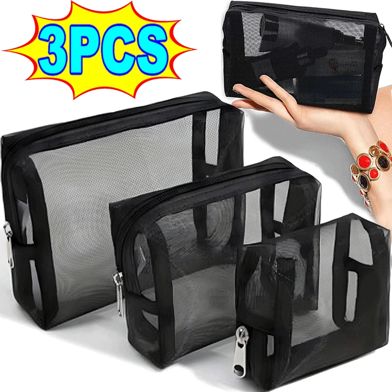3 Pcs Mesh Cosmetic Bag, Mesh Makeup Bag Portable Travel Organizing Pouch Toiletry Bag with Zipper for Home Office Travel Accessories, 3 Sizes, Black, Mesh makeup bag with zipper
